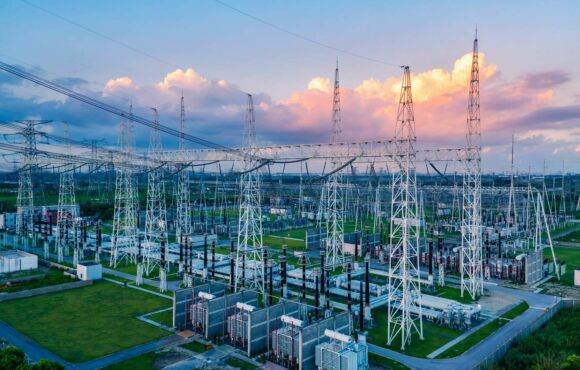 Landscape photograph of large outdoor substation system