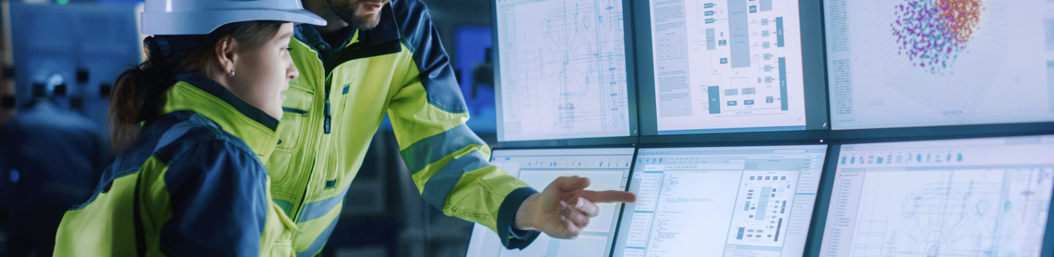 Engineers  in hard hats and hiviz jackets standing in front of a multi screened computer control system