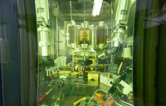 Inside a warm cell unit, showing an experiment being set-up